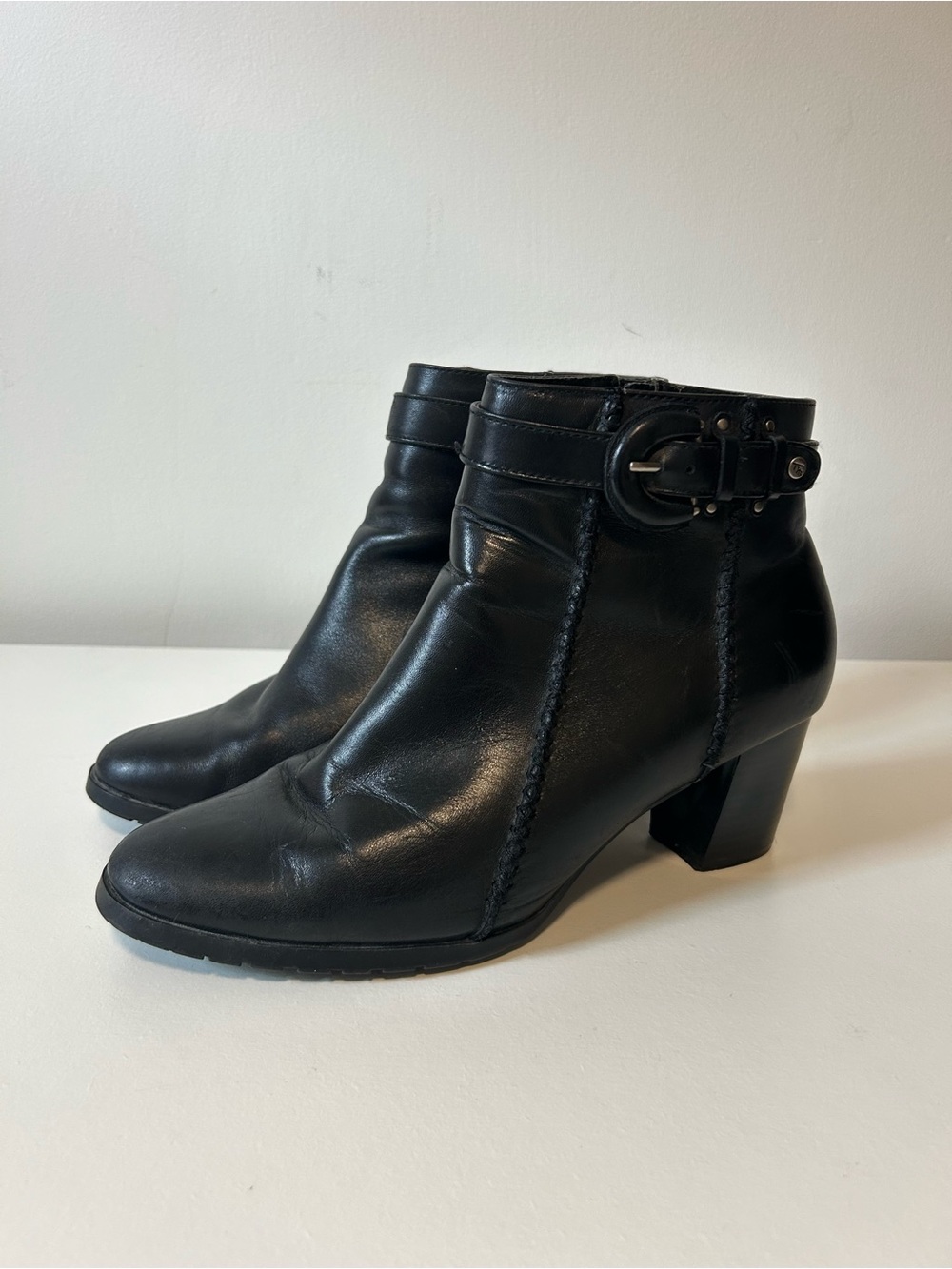 Thom McAn Black Leather Ankle Boots with Side Buckle